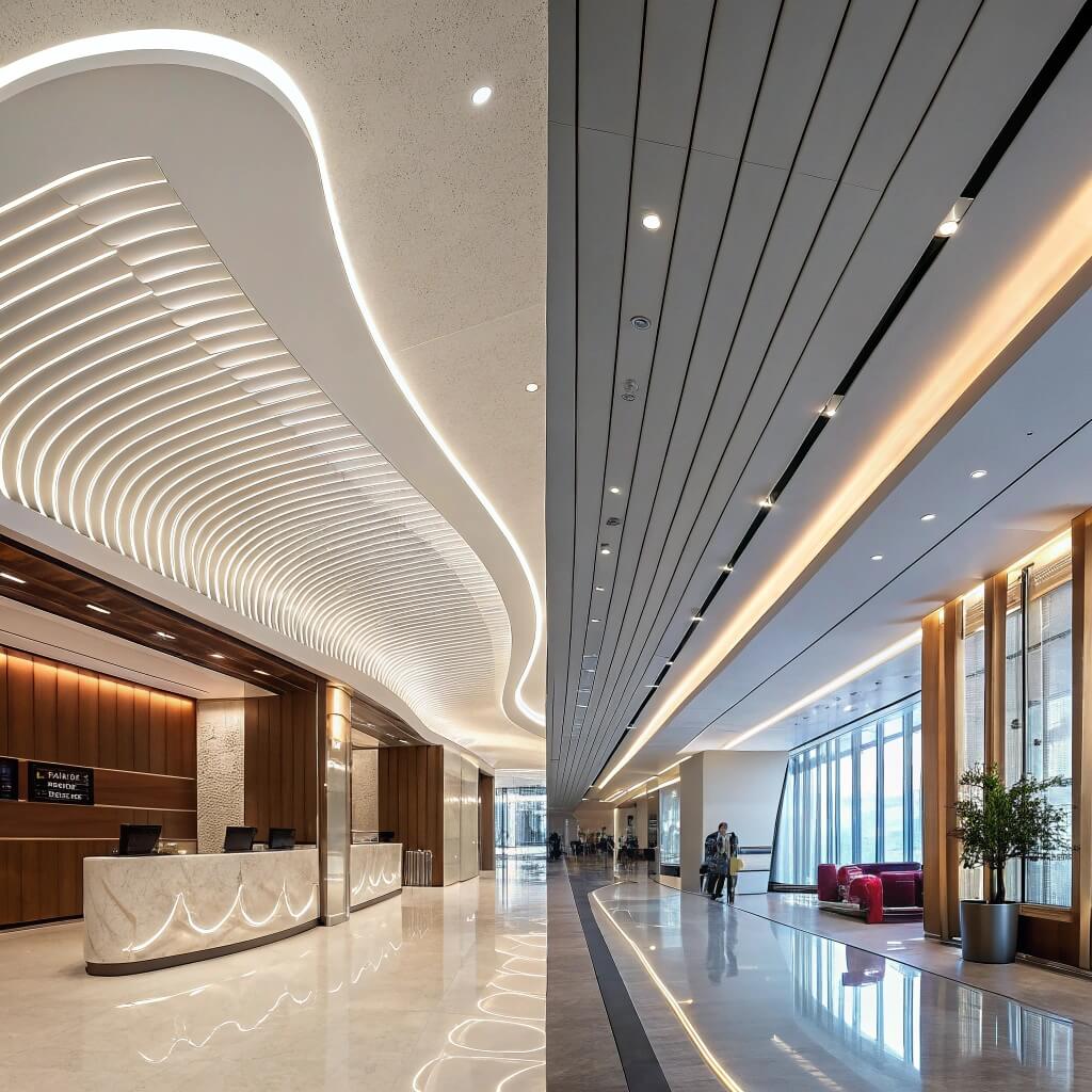 elegante techo ondulado de LED en vestíbulo de lujo