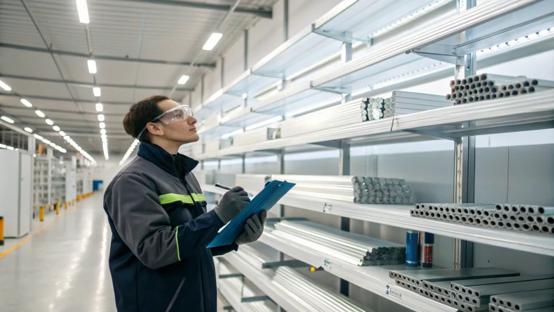 Empleado inspeccionando perfiles de aluminio en una instalación industrial
