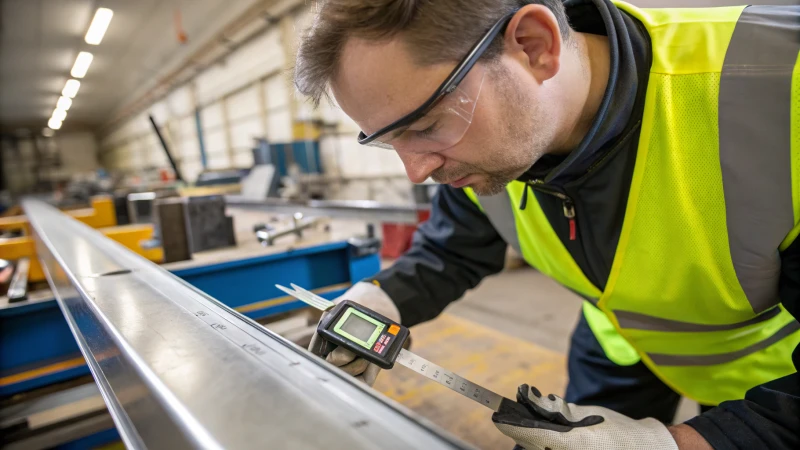 An engineer in a safety vest measuring metal with calipers