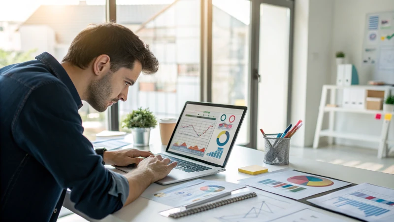 Un analyste de données travaillant dans un bureau moderne avec des graphiques à l'écran