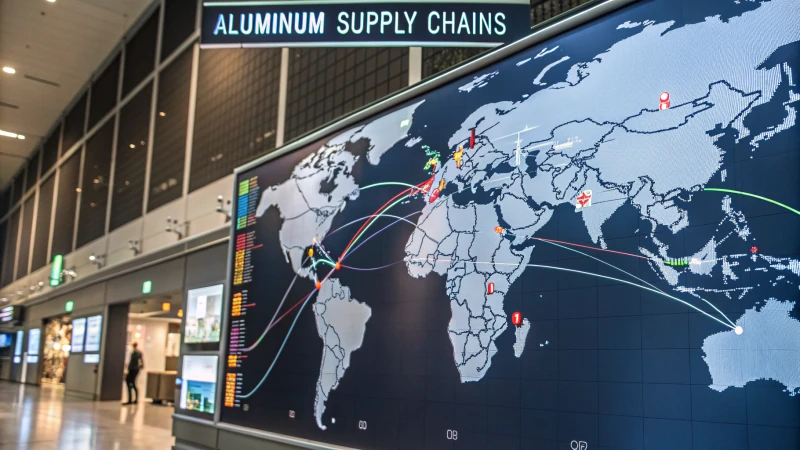 World map illustrating global aluminum supply chains with factories and graphs