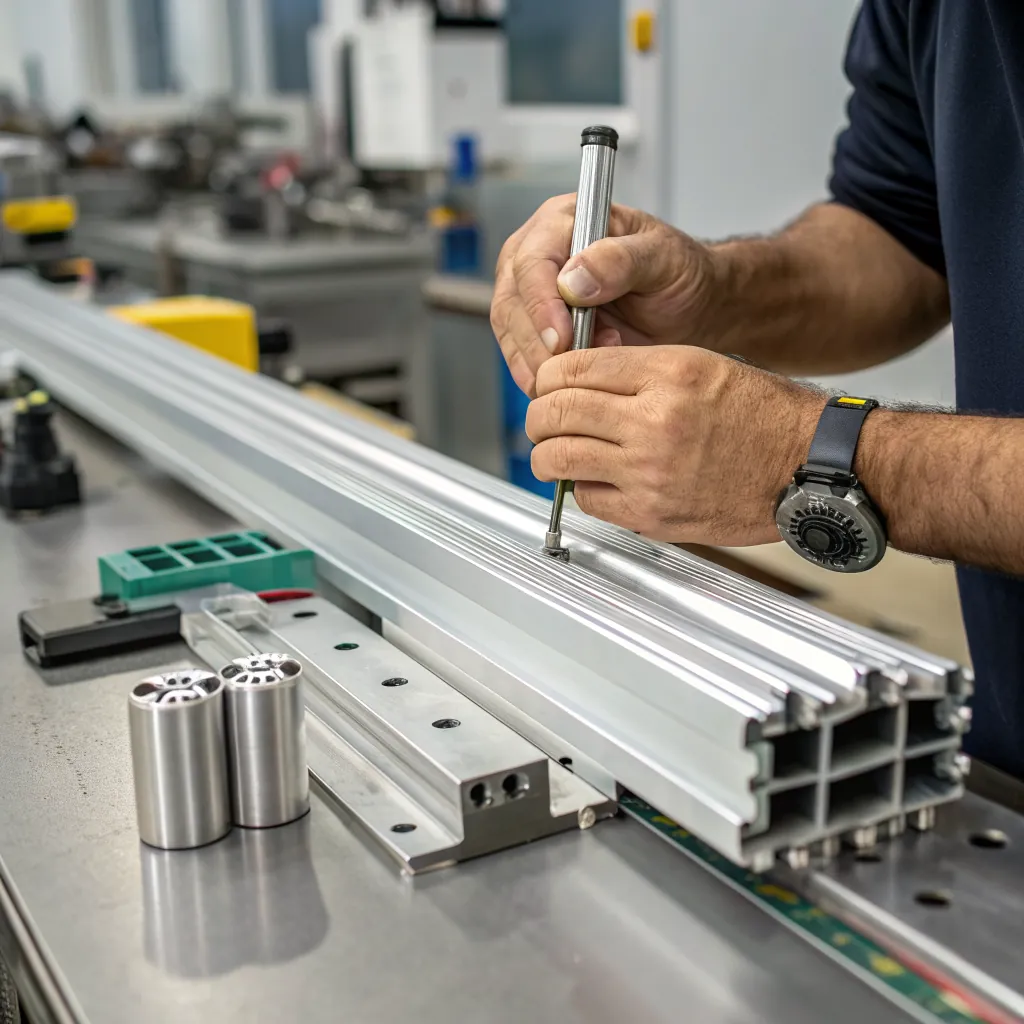 Henkilön kädet kokoavat metallista koneenosaa työkalun avulla työpöydällä, erilaisia työkaluja ja komponentteja näkyvissä lähistöllä.