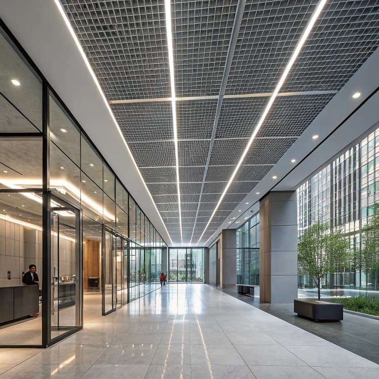 Modern office building glass lobby with trees