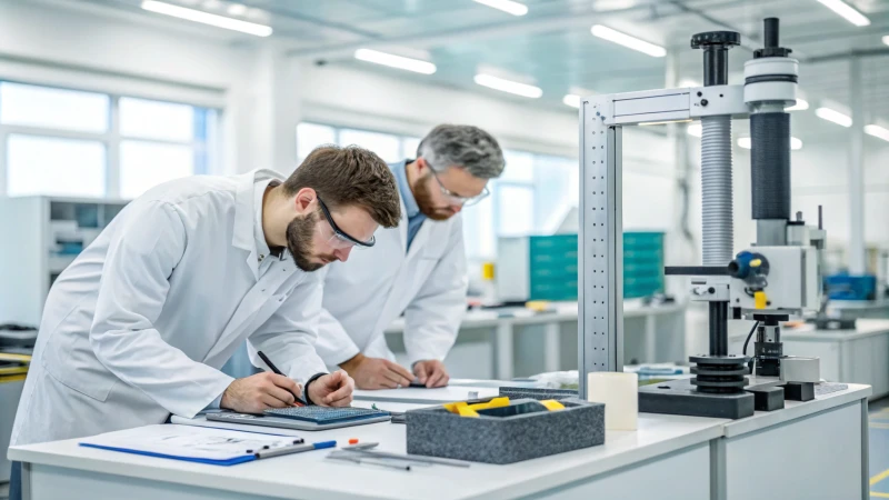 Ingénieurs testant des échantillons de prototypes dans un laboratoire moderne