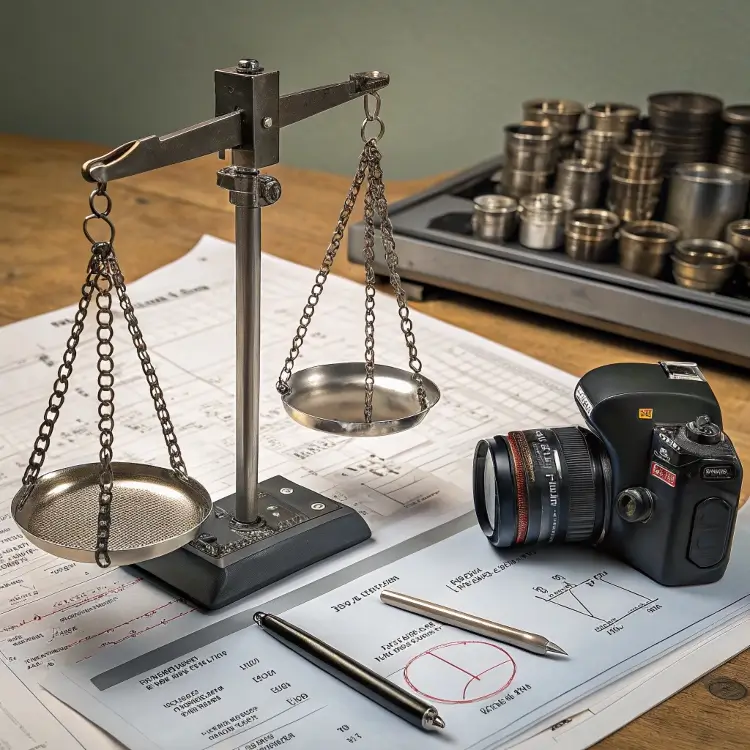 precision scale with camera on engineering papers, represents industrial accuracy