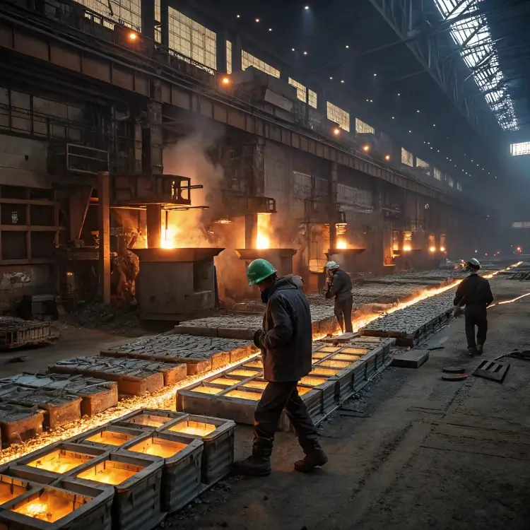 Ouvriers surveillant la coulée de métal en fusion dans une usine