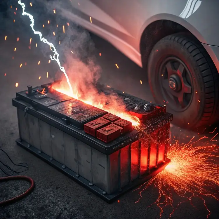 car battery explosion with sparks and fire, showing electrical hazard