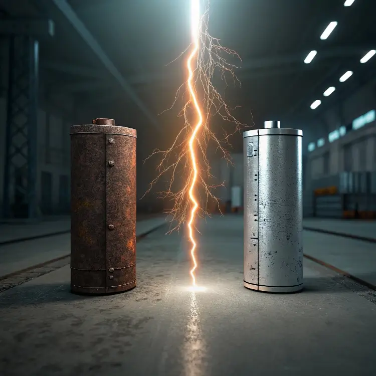 old vs new battery comparison with lightning bolt, symbolizing innovation
