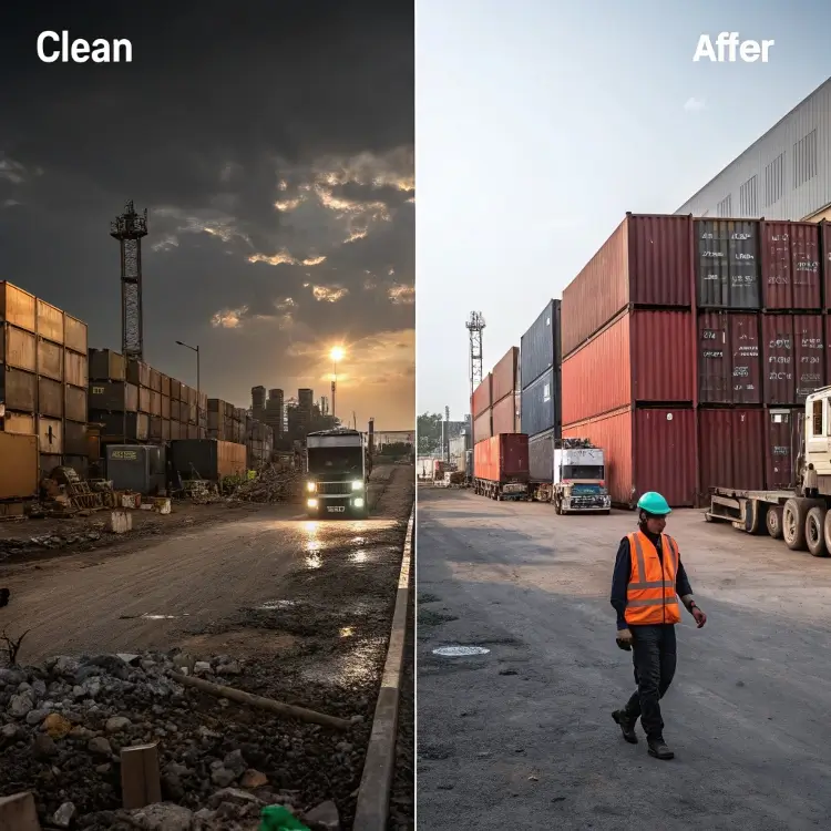 shipping container yard before and after cleanup, industrial contrast