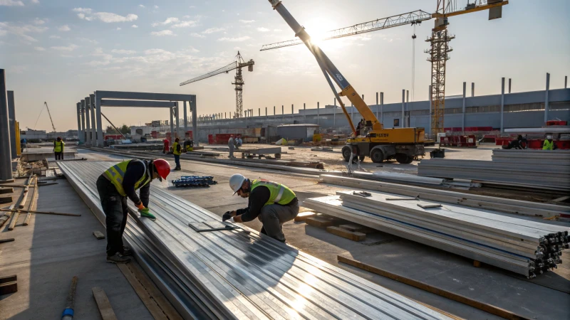Trabajadores instalando perfiles de aluminio en una obra