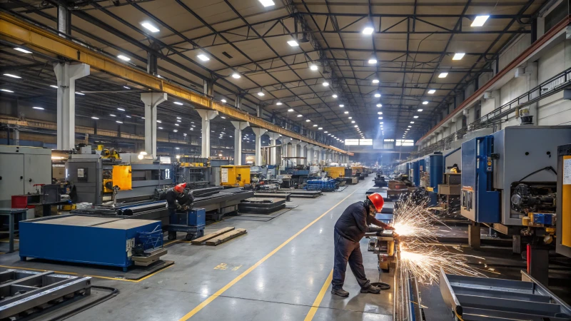 Una ajetreada planta de fabricación industrial con maquinaria avanzada y trabajadores cualificados.