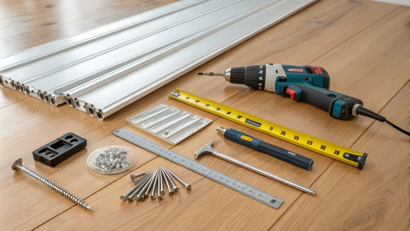 Flat lay of installation tools for aluminum baffle ceilings