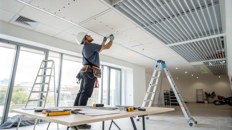 Installer working on aluminum baffle ceiling