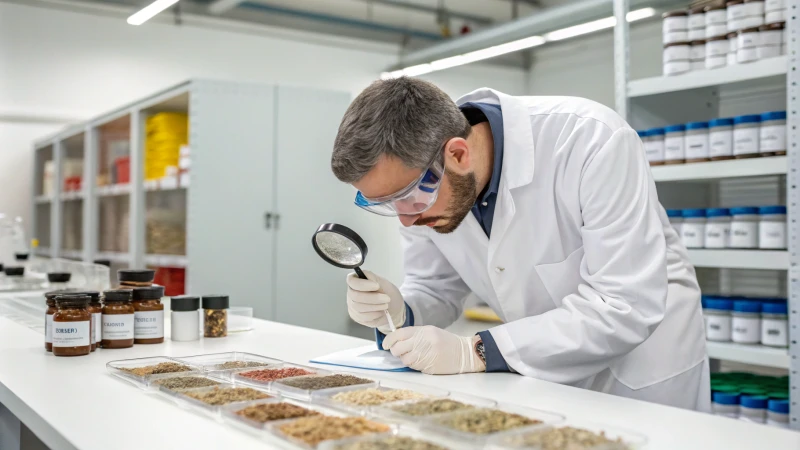 A technician in a lab coat inspecting samples in a laboratory