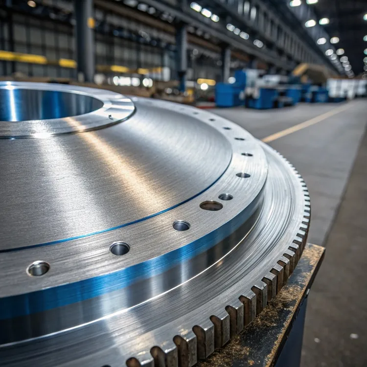 Large machined gear with bolt holes in factory