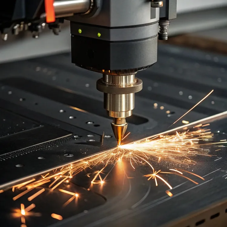 검은색 금속판을 가공하는 레이저 커팅 헤드