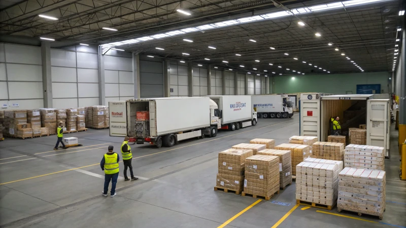 A busy logistics warehouse with packages and delivery trucks