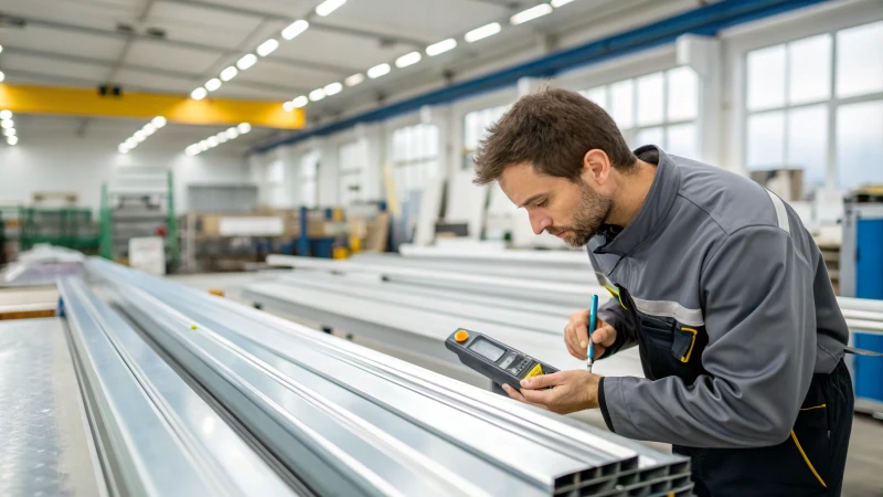 Technician measuring aluminum profiles in a manufacturing facility