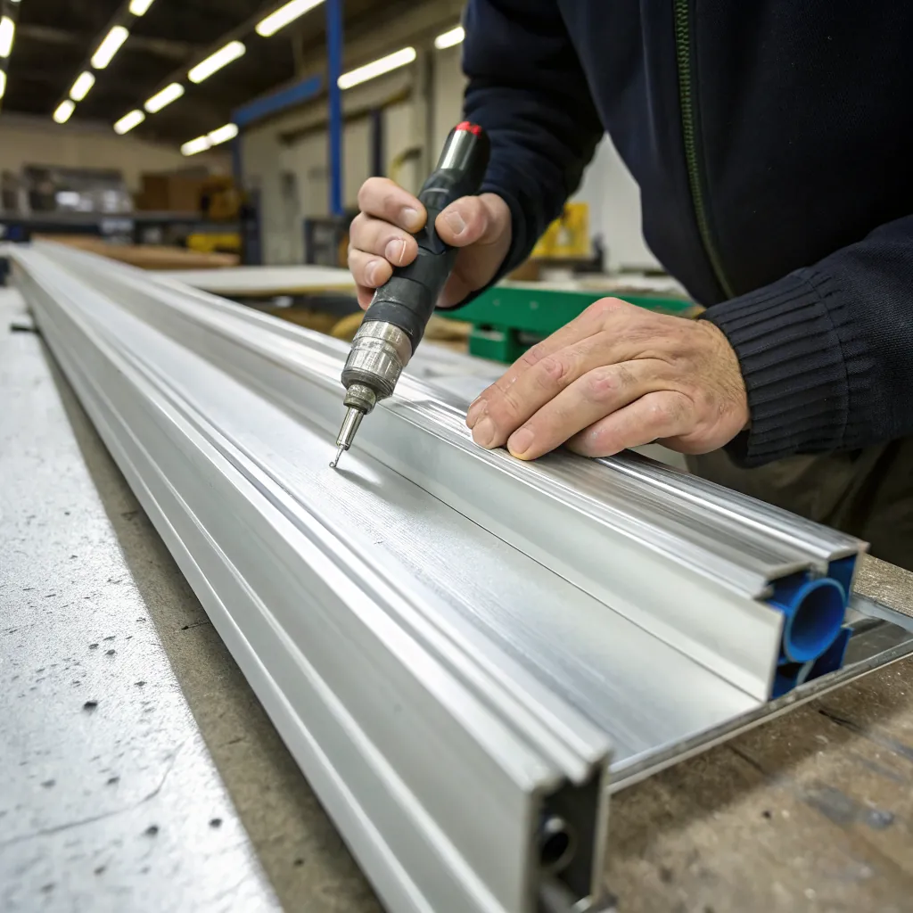 Worker using a drill on an aluminum frame in a factory setting, focusing on precision drilling.