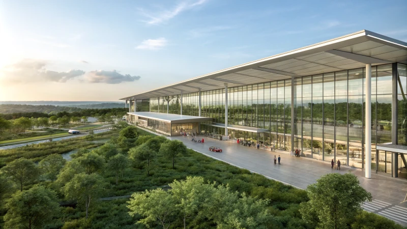 Modern sustainable airport terminal with glass facades and aluminum architecture