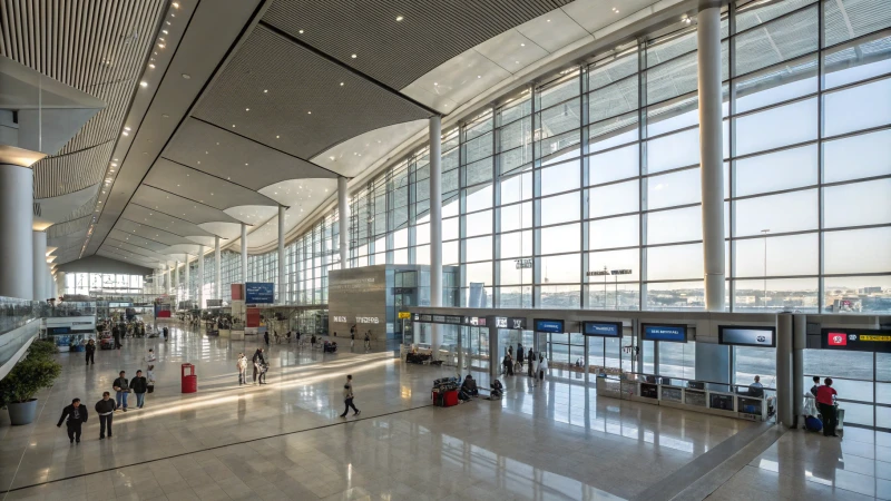 Modern airport terminal interior with aluminum and glass design