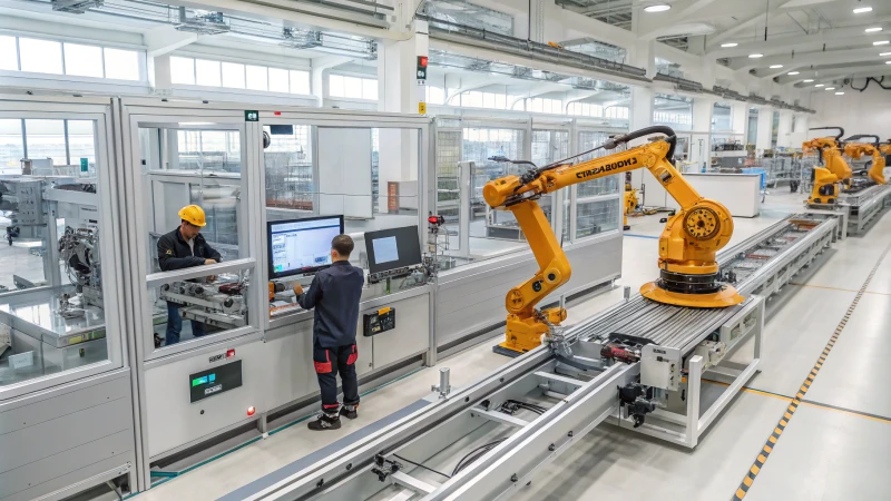 Una planta de producción de perfiles de aluminio de alta tecnología con brazos robotizados y pantallas digitales.