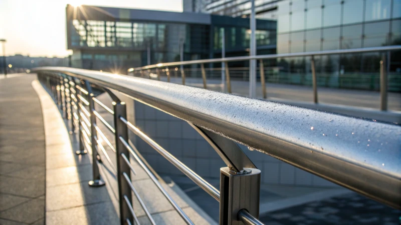 Gros plan sur un garde-corps en aluminium aux lignes épurées, avec les reflets de la lumière du soleil.