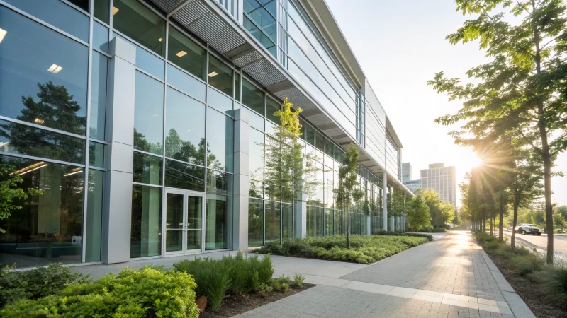 Modern architectonisch gebouw met aluminium profielen en grote glazen ramen