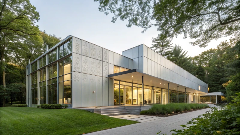 Современное архитектурное здание с отражающими алюминиевыми панелями и зелеными насаждениями