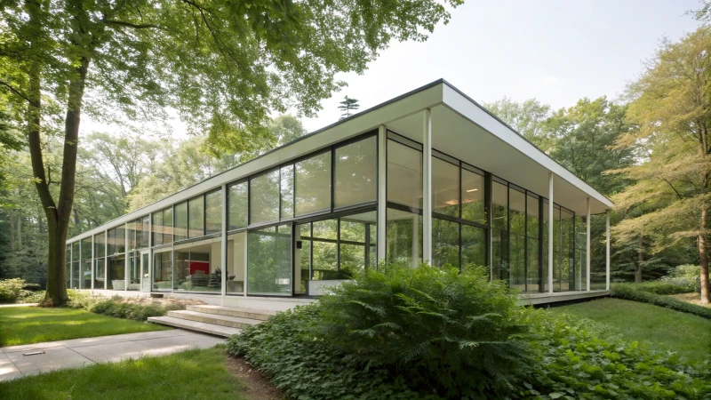 A modern architectural building with large glass windows