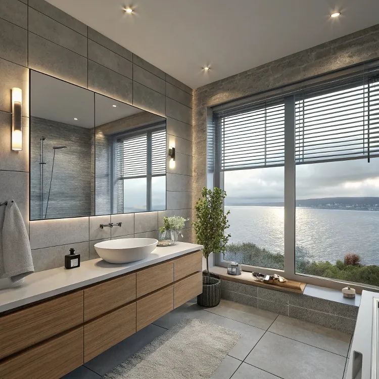 Moderno cuarto de baño con grandes ventanales con vistas al mar