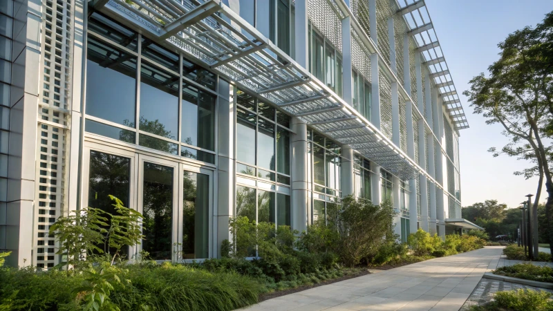 Modern building facade with aluminum profiles and large glass windows