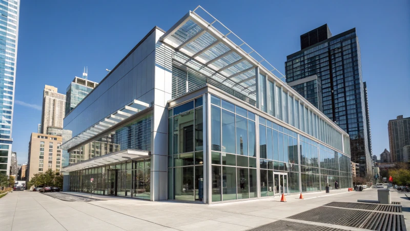 A modern building with sleek aluminum design and large glass windows