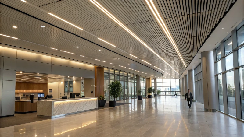 Modern commercial interior with aluminum baffle ceilings