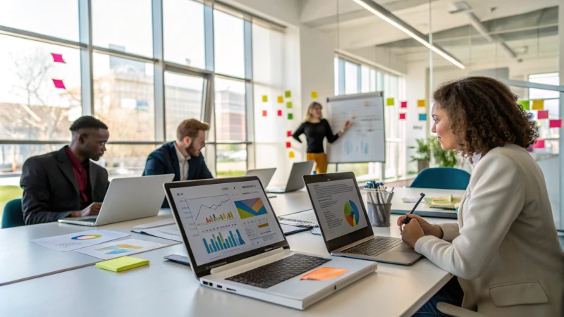 Una moderna sala de conferencias con profesionales que debaten las necesidades de personalización de los clientes