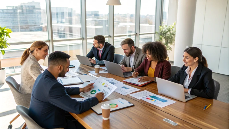 غرفة اجتماعات حديثة تضم مجموعة متنوعة من المهنيين المشاركين في المناقشة