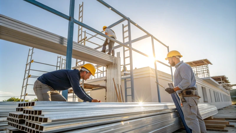Trabajadores instalando perfiles de aluminio en una obra