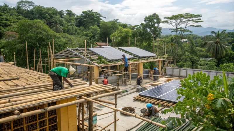 Construction workers using sustainable materials at a modern site