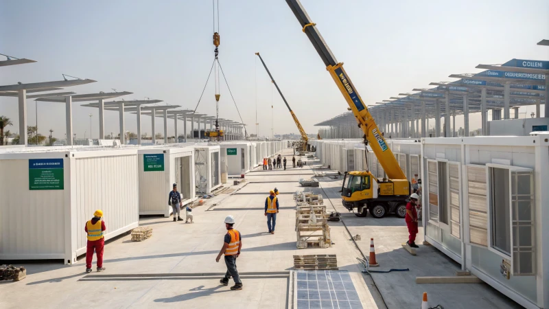 Modern construction site with workers and cranes