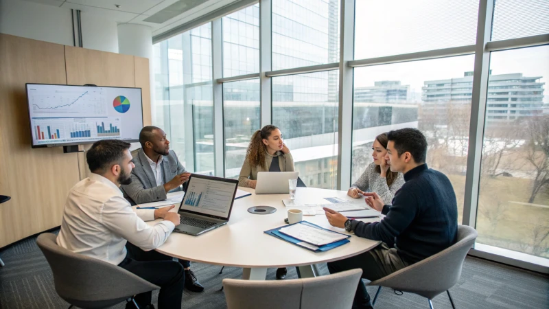 مجموعة متنوعة من المهنيين في قاعة اجتماعات حديثة.