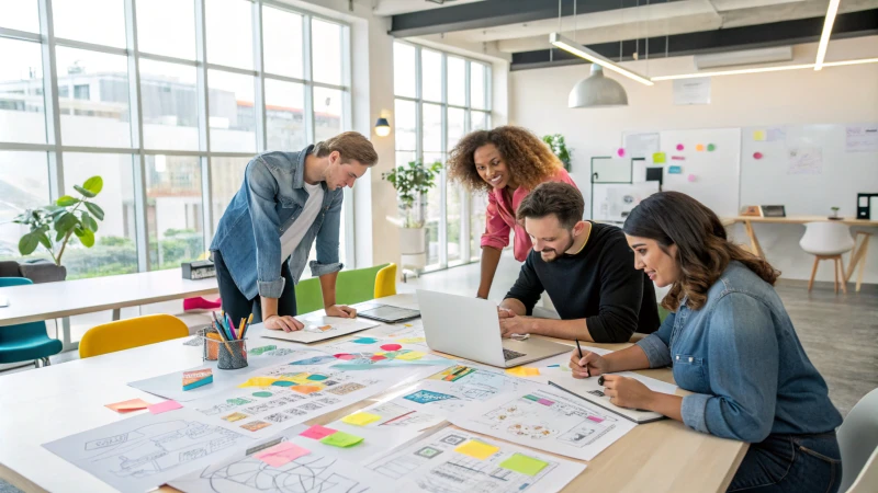 Un equipo heterogéneo en un moderno estudio de diseño colaborando con bocetos y ordenadores portátiles.