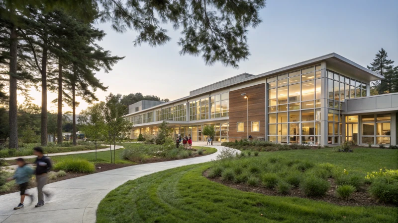 Instalaciones educativas modernas con grandes ventanales y un entorno verde