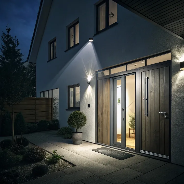 Moderna puerta exterior con cálida iluminación nocturna
