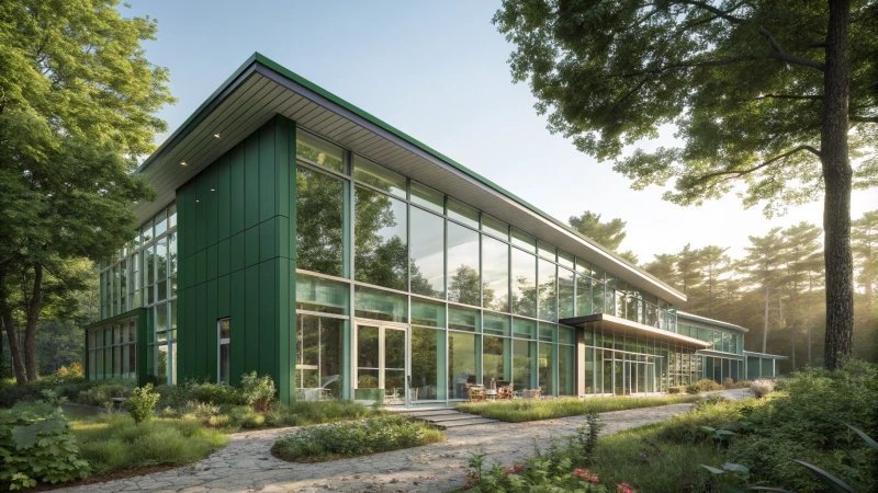 A modern green building with glass windows and greenery