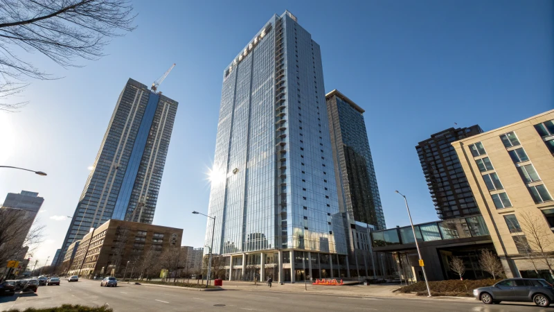 A sleek modern high-rise building with aluminum profiles under a clear blue sky.