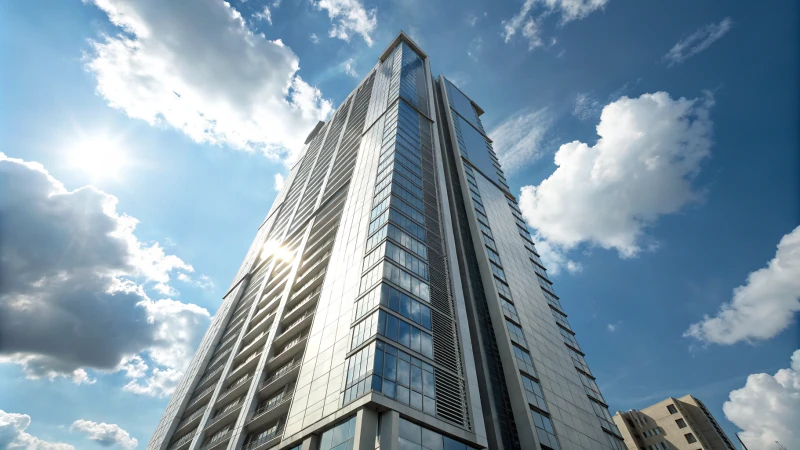 Modern high-rise building made of aluminium against a blue sky