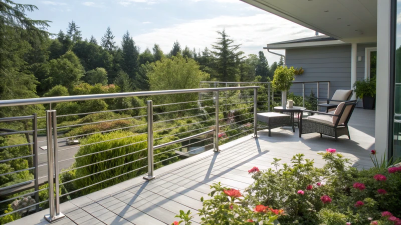 Modern otthoni fedélzet alumínium korlátokkal és buja zölddel