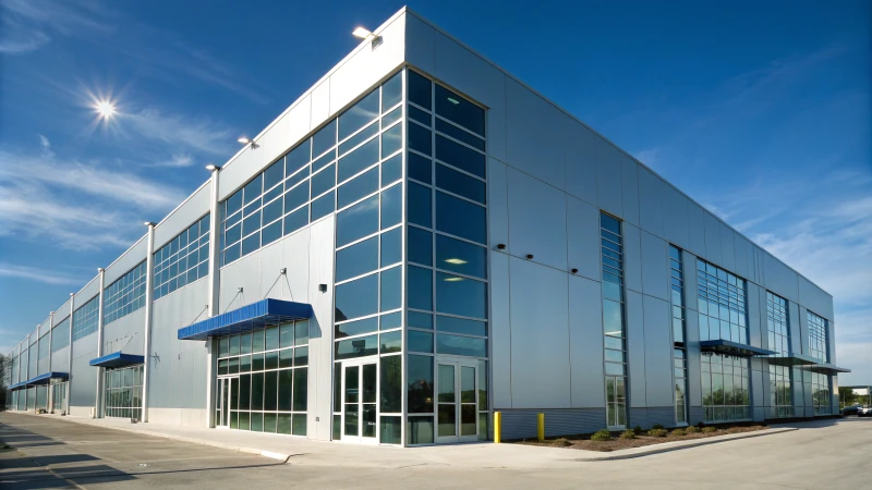 Moderno edificio industrial con perfiles de aluminio y grandes ventanales de cristal