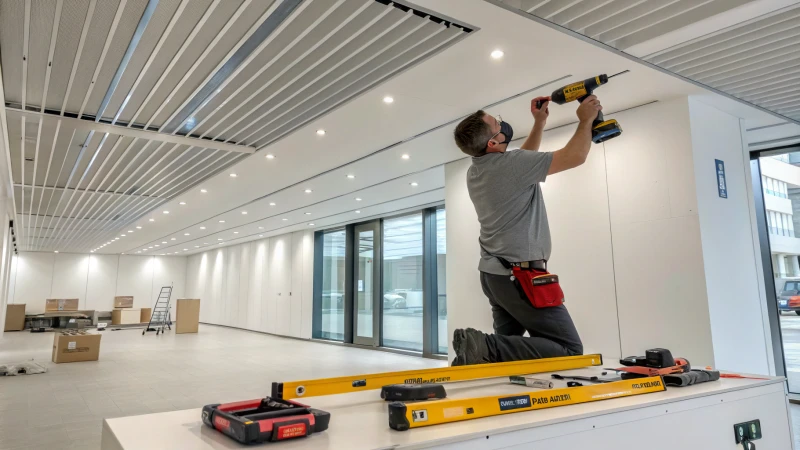 A worker installing aluminum baffle ceilings in a modern interior room.