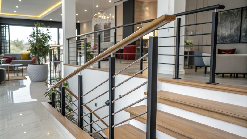 Un intérieur moderne présentant diverses mains courantes en aluminium dans différentes finitions.